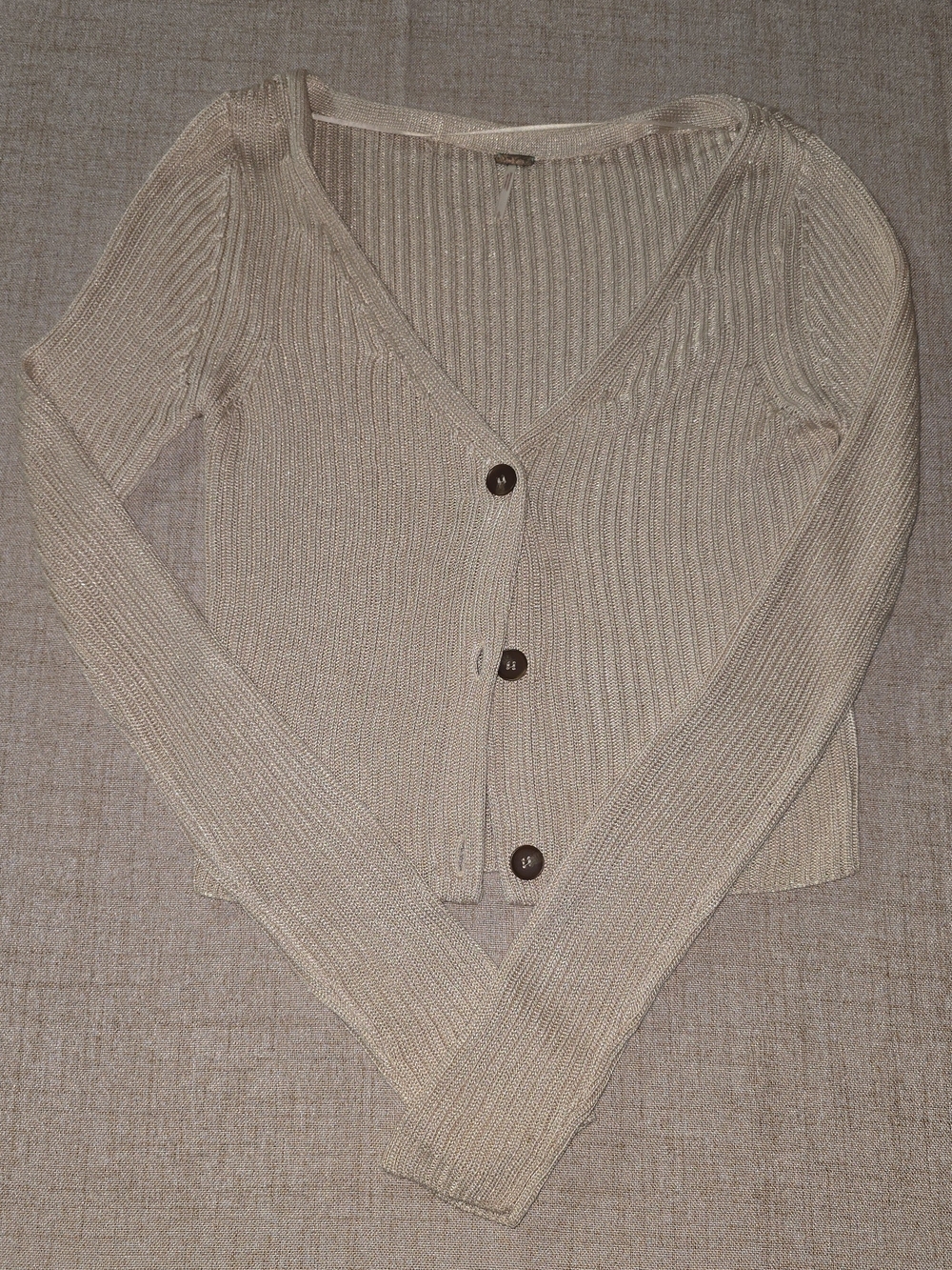 Free People Pink/cream Ribbed V-Neck Button Cardigan Sweater